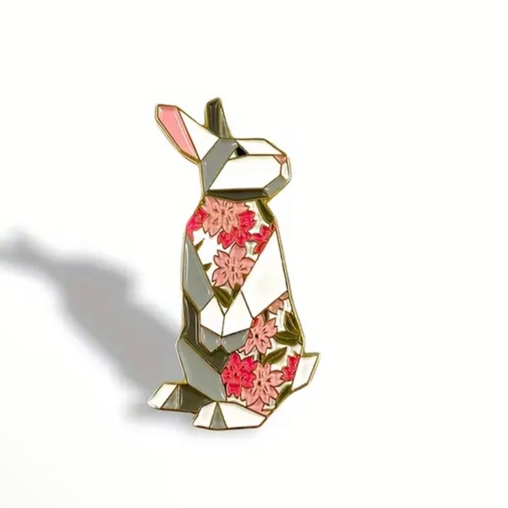 Floral Bunny Brooch - Gold and Pink
